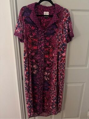 Anthropologie Bright Pink Floral & Butterfly Short Sleeve Midi Dress XS